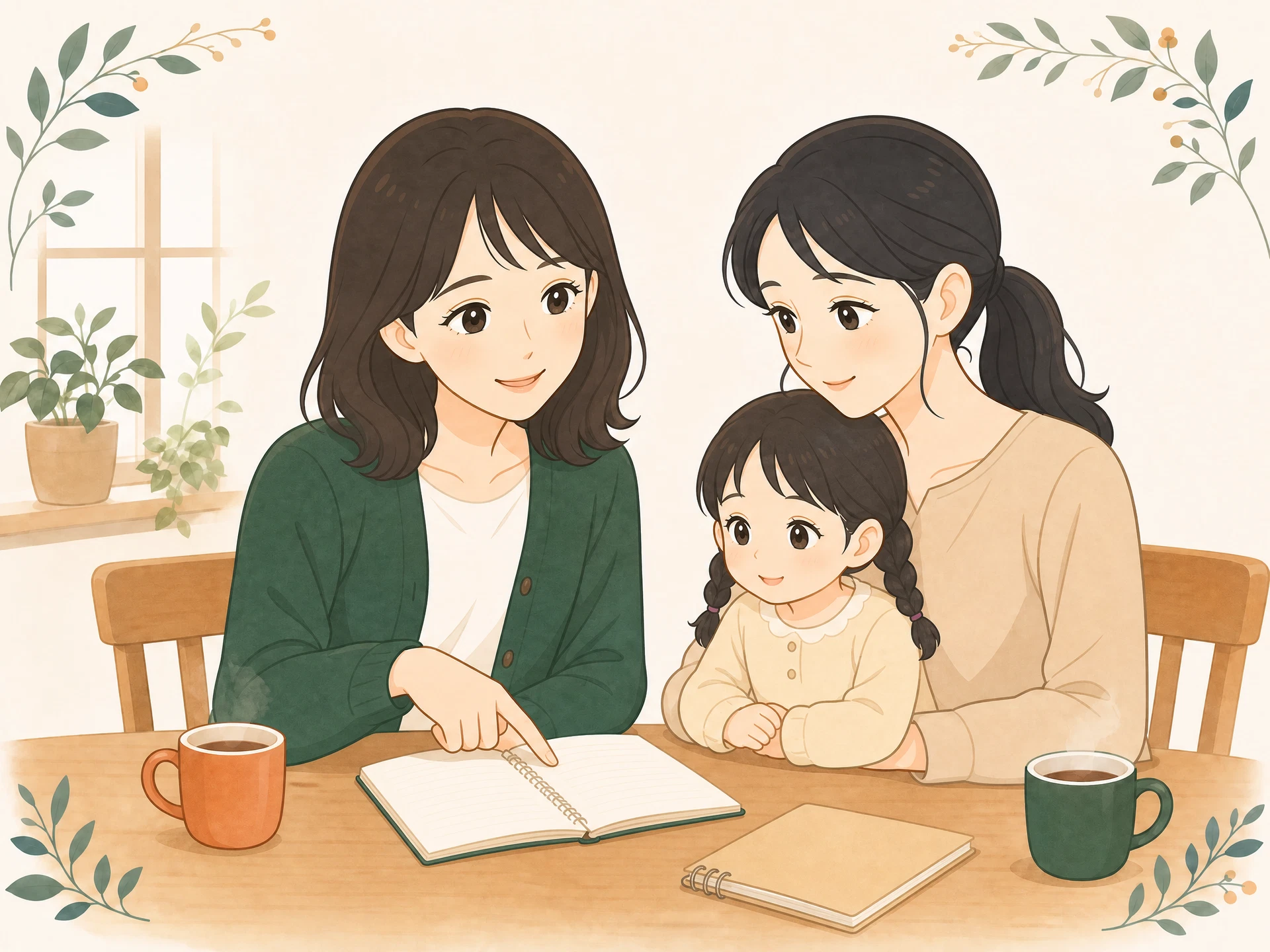 こはるがシングルマザーに手帳を見せながら案内している様子